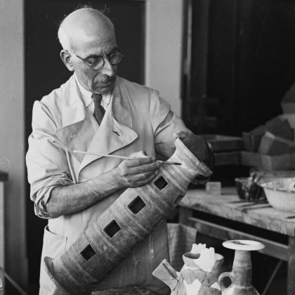 John Henry Iliffe, “Tinting the Repairs” Restorer Mubarak Saad works on a Bronze Age incense burner, 1931-38, Black and White Photograph, John Henry Iliffe Collection, UQFL 514, Box 4, Folder 1, Item 62, Fryer Library, The University of Queensland Library.